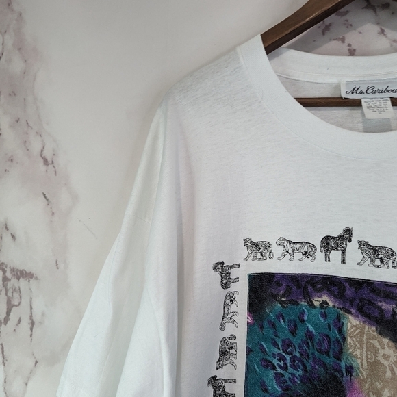 Vintage T Shirt Women 3X White 90s Zebra Leopard Tiger Animal Floral Lily Crew - Picture 2 of 11